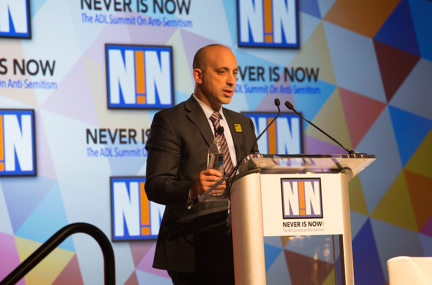 ADL CEO Jonathan Greenblatt speaking at the organization’s Never is Now conference in New York City, Nov. 17, 2016. (Courtesy of the ADL)