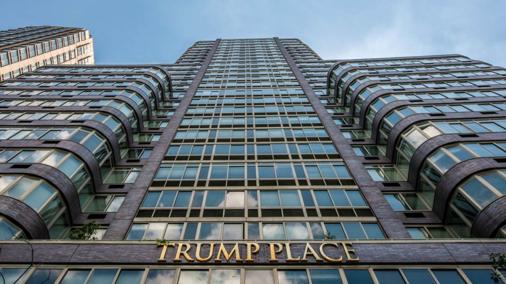 An upward look at Trump Palace on Riverside Drive, one of three buildings where residents signed a petition to remove the candidate's name from the towers (Courtesy Equity Apartments)