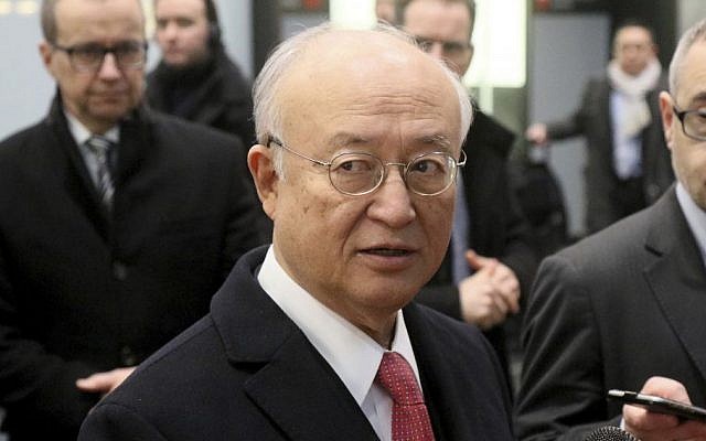 Director General of the International Atomic Energy Agency, IAEA, Yukiya Amano from Japan speaks to the media after returning from Iran at the Vienna International Airport, Austria, Monday, Dec. 19, 2016 (AP Photo/Ronald Zak)