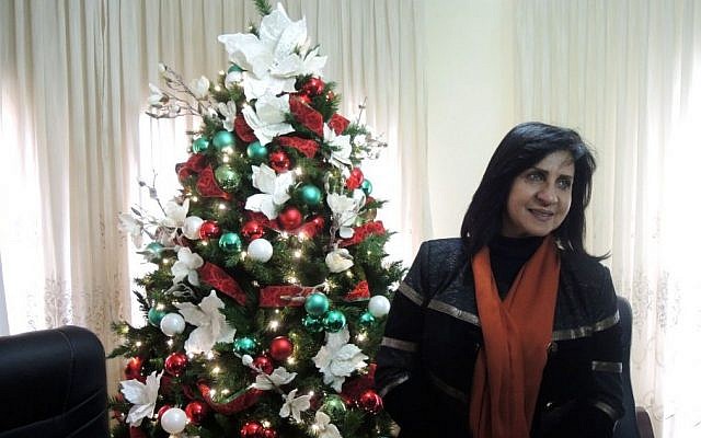 Bethlehem mayor Vera Baboun, the first woman elected mayor of the city, in her office on December 13, 2016. (Melanie Lidman/Times of Israel)