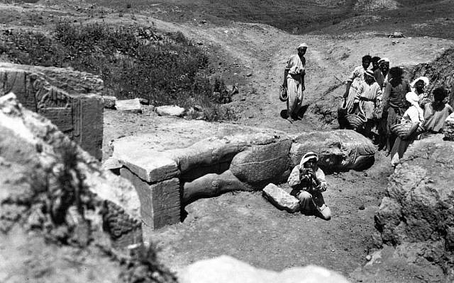 This 1949 photo taken by British mystery author Agatha Christie shows a statue of a lamassu, a winged bull from Assyrian mythology who guarded the royal court from evil, at the ancient site of Nimrud, near modern day Mosul, Iraq. Christie had a little-known link to Nimrud: She accompanied her husband, archaeologist Max Mallowan, as he excavated the onetime capital of the Assyrian Empire, and she assisted by piecing together some artifacts and chronicling the dig in photos and film. (Agatha Christie via AP)