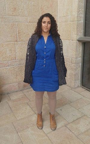 Shaked Hasson, assitant to MK Merav Michaeli, wearing the dress and leggings which were deemed inappropriate for the Knesset (Courtesy)
