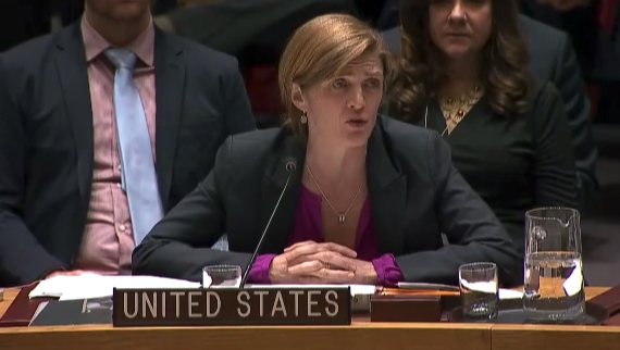 US Ambassador to the UN, Samantha Power speaks to the UN Security Council after abstaining on an anti-settlement resolution, December 23, 2016 (UN Screenshot)