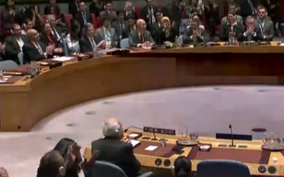 Members of the UN Security Council applaud the approval of an anti-settlement resolution, on December 23, 2016 (UN Screenshot)