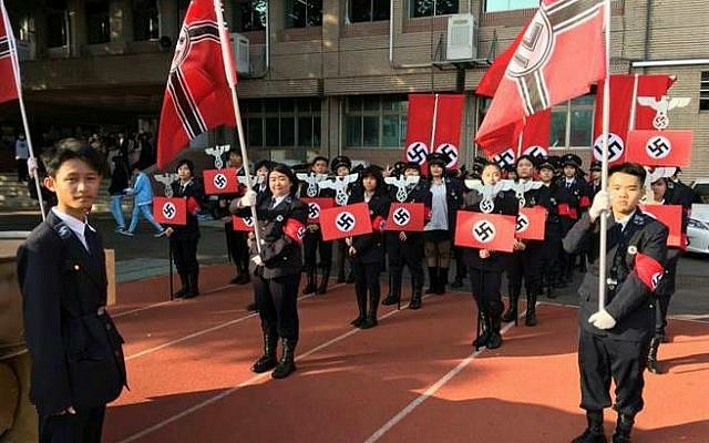 High school students in Taiwan dressed as Nazi soldiers during a celebration on December 24, 2016. Pictures from the event were posted online by Facebook user Pixar Lu. (Facebook)