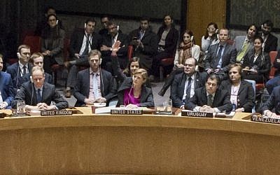 Samantha Power, center, the United States Ambassador to the United Nations, votes to abstain during a UN Security Council vote on condemning Israel's settlements in the West Bank and East Jerusalem, Friday, Dec. 23, 2016 at United Nations Headquarters. (Manuel Elias/The United Nations via AP)