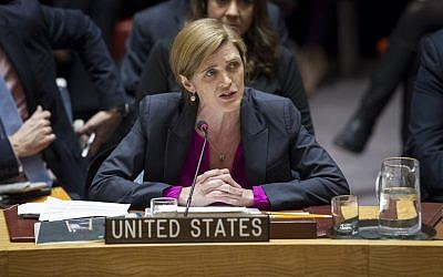 Samantha Power, U.S. Ambassador to the United Nations, addresses the United Nations Security Council, after the council voted on condemning Israel's settlements in the West Bank and East Jerusalem, Friday, Dec. 23, 2016 (Manuel Elias/The United Nations via AP)