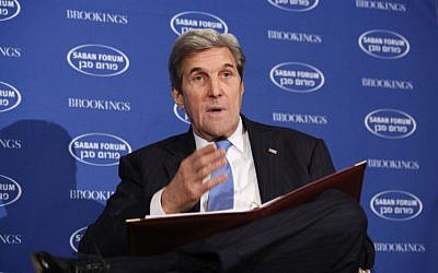 Secretary of State John Kerry addresses the Saban Forum in Washington DC on December 4 2016. (Ralph Aswang, via JTA)