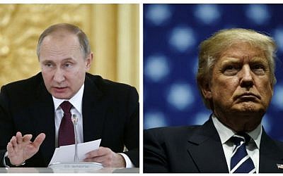 This combination of pictures shows Russian President  Vladimir Putin, left, delivering a speech at the Kremlin in Moscow on December 8, 2016; and President-elect Donald Trump, right, at the DeltaPlex Arena, December 9, 2016 in Grand Rapids, Michigan. (AFP) 