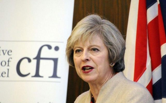 British Prime Minister Theresa May addresses a Conservative Friends of Israel lunch, December 12, 2016 (Courtesy CFI)