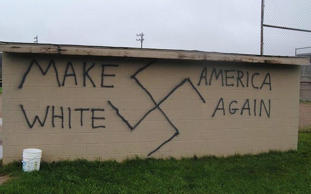Illustrative: Nazi-themed election graffiti was found in the upstate New York town of Wellsville on the day that Donald Trump was declared the winner of the presidential election, Nov. 9, 2016. (Twitter via JTA)