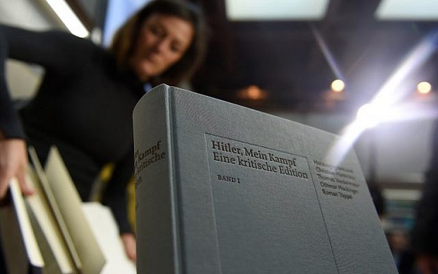A copy of an annotated version of Adolf Hitler's book "Mein Kampf" prior to a press conference for its presentation in Munich, southern Germany, on January 8, 2016. ( AFP PHOTO / Christof STACHE)