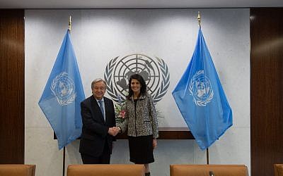 United Nations Secretary-General António Guterres shakes hands with new US Ambassador to the United Nations Nikki Haley at the United Nations on January 27, 2017 in New York. (Bryan R. Smith/AFP)