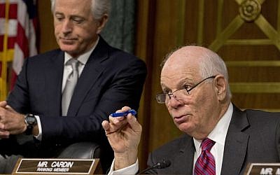Maryland Sen. Ben Cardin,(D) ranking member on the Senate Foreign Relations Committee, right, accompanied by committee Chairman Tennessee Sen. Bob Corker (R), questions Secretary of State-designate Rex Tillerson on Wednesday, Jan. 11, 2017, on Capitol Hill in Washington. (AP Photo/Steve Helber)