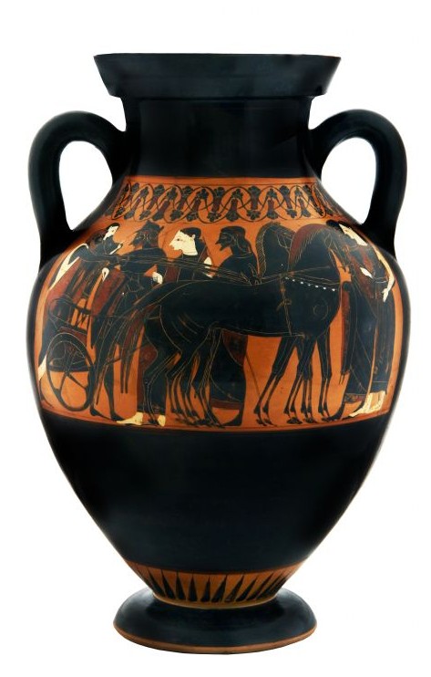 Attic black-figure amphora (Type B) depicting the wedding procession of Peleus and Thetis (obverse); Athena and a bearded man (reverse) Greece, Archaic period, attributed to the Princeton Painter, ca. 540 BCE, pottery BLMJ 4768 (Vladimir Naikhin, Bible Lands Museum)
