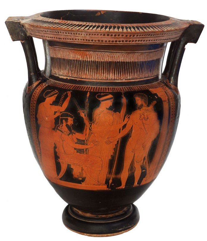 Attic red-figure column krater depicting Herakles on Mount Olympus between the Gods Greece, Classical Period, attributed to the Naples Painter, ca. 460 BCE, pottery BLMJ 4963. (Vladimir Naikhin, Bible Lands Museum)