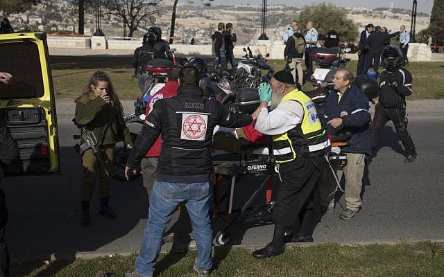 The scene where a truck rammed into a group of Israeli soldiers, killing at least four in a suspected vehicle-ramming attack, in the Armon Hanetziv neighborhood of Jerusalem on January 8, 2017. (Yonatan Sindel/Flash90)