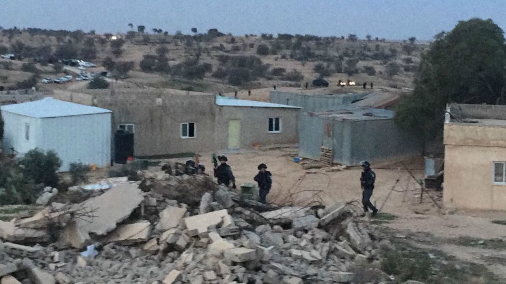 An image provided by an Arab Joint List spokesperson showing police forces at a planned home demolition in the Bedouin village of Umm al-Hiran that turned violent, with at least two killed in the ensuing clashes, on January 18, 2017. (Courtesy/Arab Joint List)