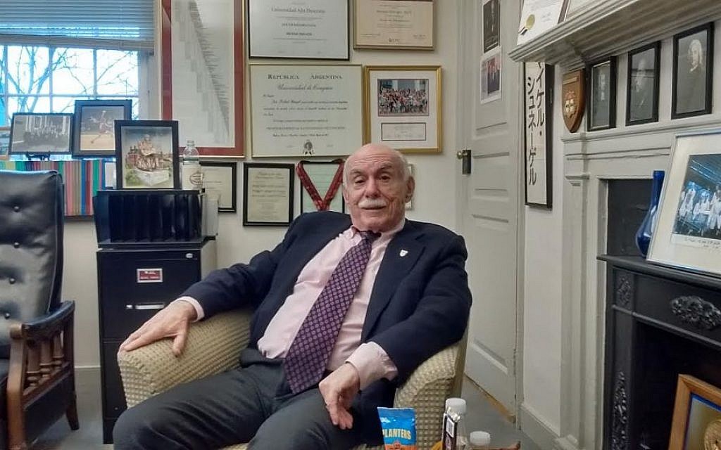 Michael Shinagel, former dean, was the longest-serving person in the position in Harvard's history. Here he is pictured in his office. (Rich Tenorio/Times of Israel)