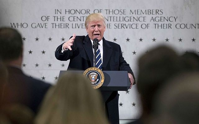 President Donald Trump speaks at the Central Intelligence Agency in Langley, Virginia, Saturday, Jan. 21, 2017. (AP Photo/Andrew Harnik)