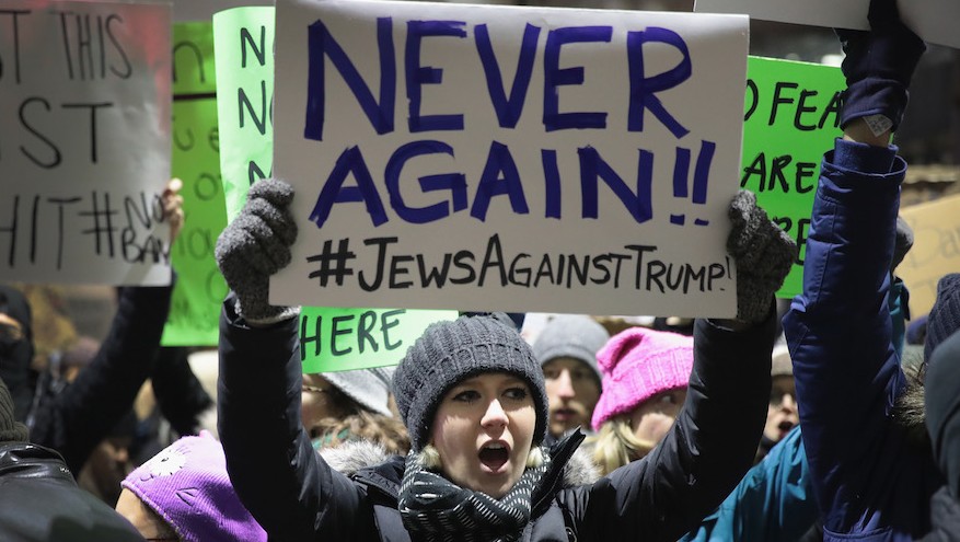 Demonstrators at O'Hare Airport, Chicago, protest President Donald Trump's executive order which imposes a freeze on admitting refugees into the United States and a ban on travel from seven Muslim-majority countries, January 29, 2017. (Scott Olson/Getty Images)