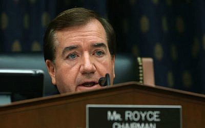 File: Rep. Ed Royce (R-California) participates in a House Foreign Affairs Committee hearing on Capitol Hill in Washington, DC, Nov. 4, 2015. (Mark Wilson/Getty Images via JTA)