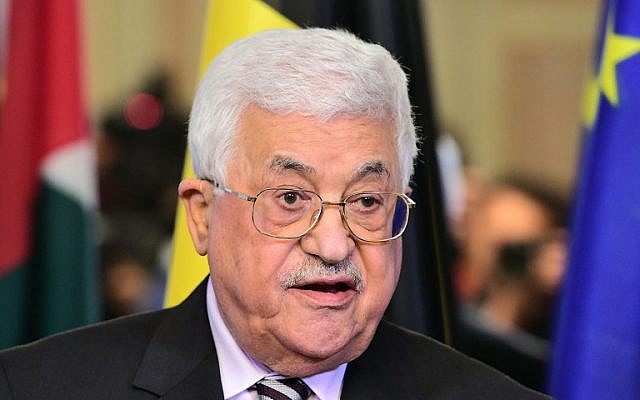 Palestinian Authority President Mahmoud Abbas speaks during a press conference after meeting with Belgian Prime Minister in Brussels on February 9, 2017. (AFP/Emmanuel Dunand)
