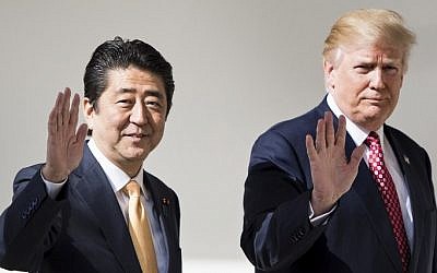 US President Donald Trump and Japanese Prime Minister Shinzo Abe arrive for a joint press conference at the White House in Washington, DC on February 10, 2017. (AFP/Brendan Smialowski)