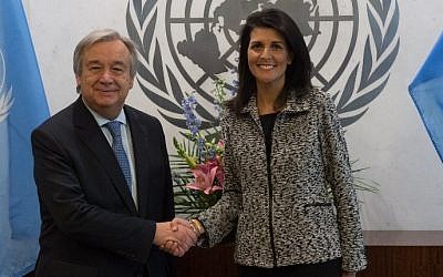 United Nations Secretary-General António Guterres shaking hands with new US Ambassador to the United Nations Nikki Haley at the United Nations in New York,  January 27, 2017. (AFP/Bryan R. Smith)