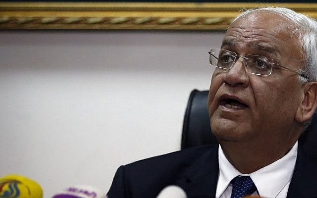 Palestinian chief negotiator and Secretary General of the Palestine Liberation Organisation (PLO), Saeb Erekat, speaks during a press conference in the West Bank city of Jericho on February 15, 2017. (AFP/Ahmad Gharabli)