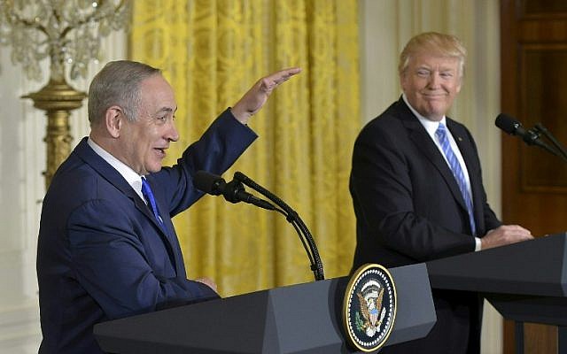 US President Donald Trump and Israeli Prime Minister Benjamin Netanyahu, left, hold a joint press conference at the White House in Washington, DC, February 15, 2017. (AFP/Mandel Ngan)