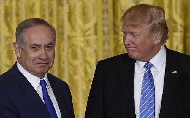 US President Donald Trump, right, and Israeli Prime Minister Benjamin Netanyahu during a joint press conference in the East Room of the White House in Washington, DC, February 15, 2017. (AFP/Saul Loeb)