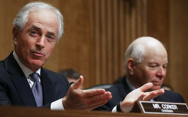 Chairman Bob Corker (R-TN) left,, speaks as Sen. Benjamin Cardin (D-MD) sits at a Senate Foreign Relations Committee hearing in Washington DC, February 9, 2017. (Mario Tama/Getty Images/AFP)
