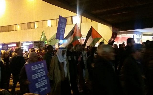 Jewish and Arab demonstrators march for equality and coexistence in Tel Aviv, February 4, 2017 (Courtesy)