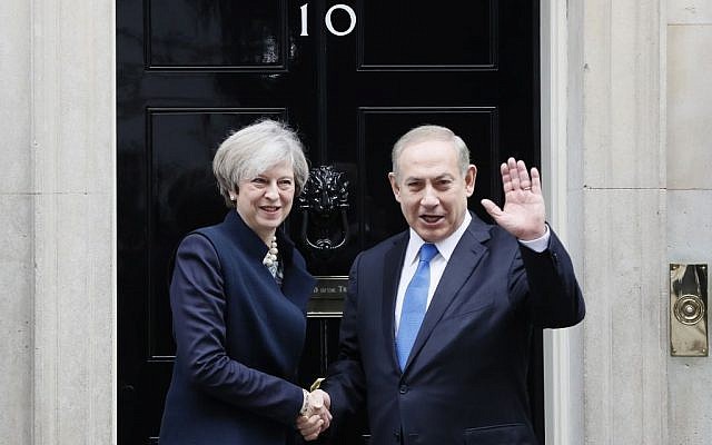 Britain's Prime Minister Theresa May greets Prime Minister Benjamin Netanyahu at 10 Downing Street in London, February 6, 2017. (AP/Kirsty Wigglesworth)
