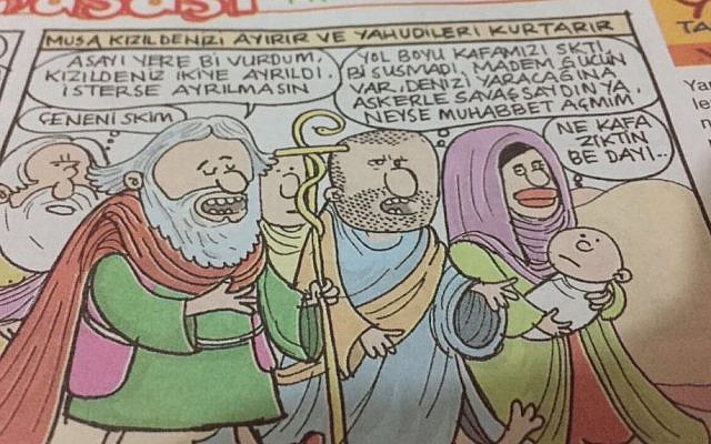A picture of a page from the magazine Girgir featuring a cartoon showing Moses which was deemed offensive. (Courtesy Tweeter Ibrahim Kalin)