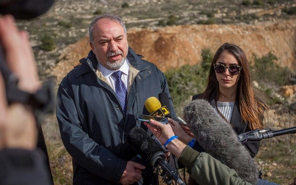 Defense Minister Avigdor Liberman speaks to the press during a visit to the West Bank settlement of Ariel on February 1, 2017. (Flash90)