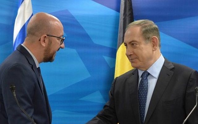 Prime Minister Benjamin Netanyahu holds a joint press conference with his Belgian counterpart  Charles Michel, at the Prime Minister's Office in Jerusalem, on February 6, 2017. (Amos Ben Gershom/GPO)