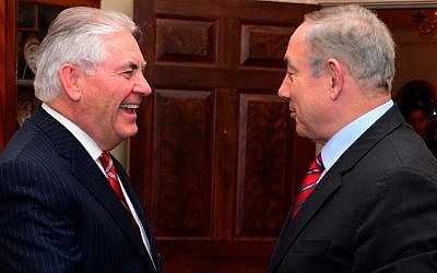 Prime Minister Benjamin Netanyahu meets with US Secretary of State Rex Tillerson in Washington DC on February 15, 2017. (Avi Ohayon/GPO)
