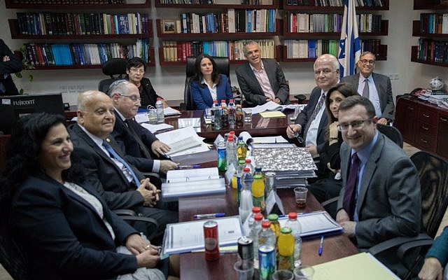 Justice Minister Ayelet Shaked seen with Supreme Court president Miriam Naor, Finance Minister Moshe Kahlon and members of the Israeli Judicial Selection Committee at a meeting of the Israeli Judicial Selection Committee at the Ministry of Justice in Jerusalem on February 22, 2017. (Yonatan Sindel/Flash 90)