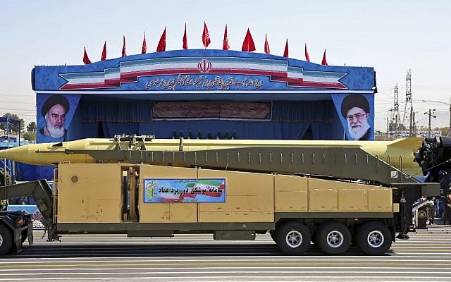 In this Sept. 21, 2016 file photo, an Emad long-range ballistic surface-to-surface missile is displayed by the Iranian Revolutionary Guard during a military parade, in front of the shrine of late revolutionary founder Ayatollah Khomeini, just outside Tehran, Iran. (AP Photo/Ebrahim Noroozi, File)