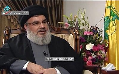 Screen capture of Hezbollah secretary-general Hassan Nasrallah during an interview with Iran's state-run Islamic Republic News Agency, February 20, 2017. (screen capture: IRANIANTVCHANNEL/YouTube)