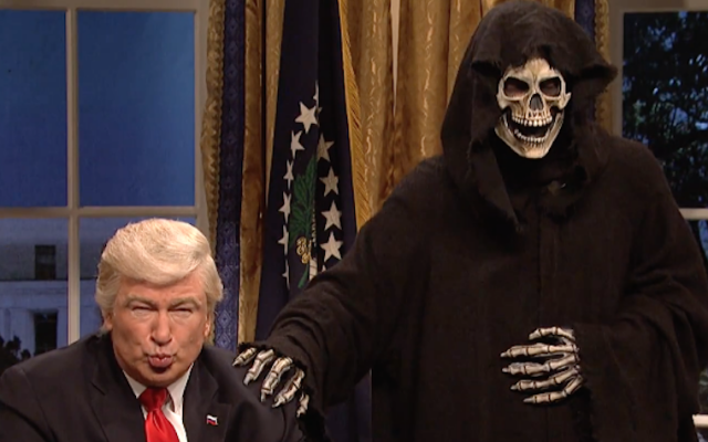 Alec Baldwin, left, playing President Donald Trump in a 'Saturday Night Live' sketch that aired February 4, 2017. (Screenshot from YouTube)