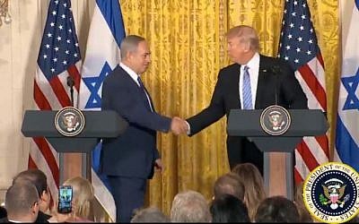 US President Trump and Prime Minister Netanyahu speak at joint news conference in the White House February 15, 2017, (Screen capture: YouTube)