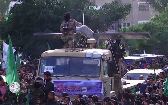 A Hamas drone paraded at a celebration marking the 27th anniversary of the founding of the terror group in 2014. (YouTube/RuptlyTV)