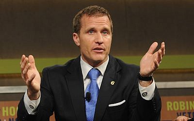 Eric Greitens speaking at the Robin Hood Veterans Summit at the Intrepid Sea-Air-Space Museum in New York, May 7, 2012. (Craig Barritt/Getty Images via JTA)
