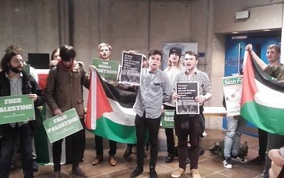 Pro-Palestinian protesters force the cancellation of a talk by Israel Ambassador Ze'ev Boker in Dublin's Trinity College, February 20, 2017. (Screen capture: Facebook video)