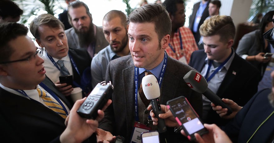 Reporters surround white supremacist Richard Spencer during the first day of the Conservative Political Action Conference at the Gaylord National Resort and Convention Center February 23, 2017 in National Harbor, Maryland. American Conservative Union Chairman Matt Schlapp said that Spencer was "not part of the agenda" at CPAC. Hosted by the American Conservative Union, CPAC is an annual gathering of right wing politicians, commentators and their supporters. (Photo by Chip Somodevilla/Getty Images, via JTA)