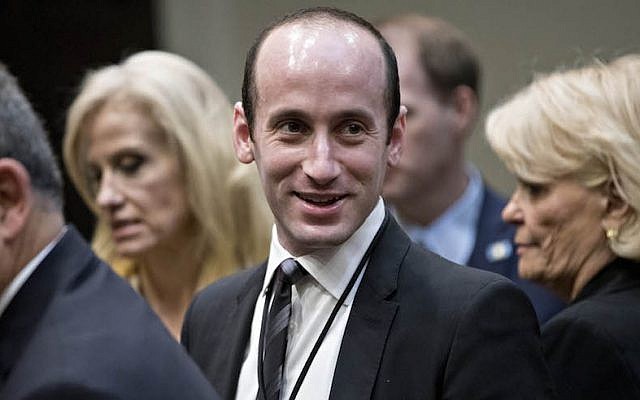 Stephen Miller, White House senior adviser for policy, at a session on law enforcement held at the White House, Feb. 7, 2017. (Andrew Harrer – Pool/Getty Images via JTA)