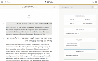 The interface of the Steinsaltz Talmud on Sefaria includes line-by-line translation, along with links to commentaries and references to a range of Jewish sources, which appear in a separate vertical. (Courtesy of Sefaria/via JTA)